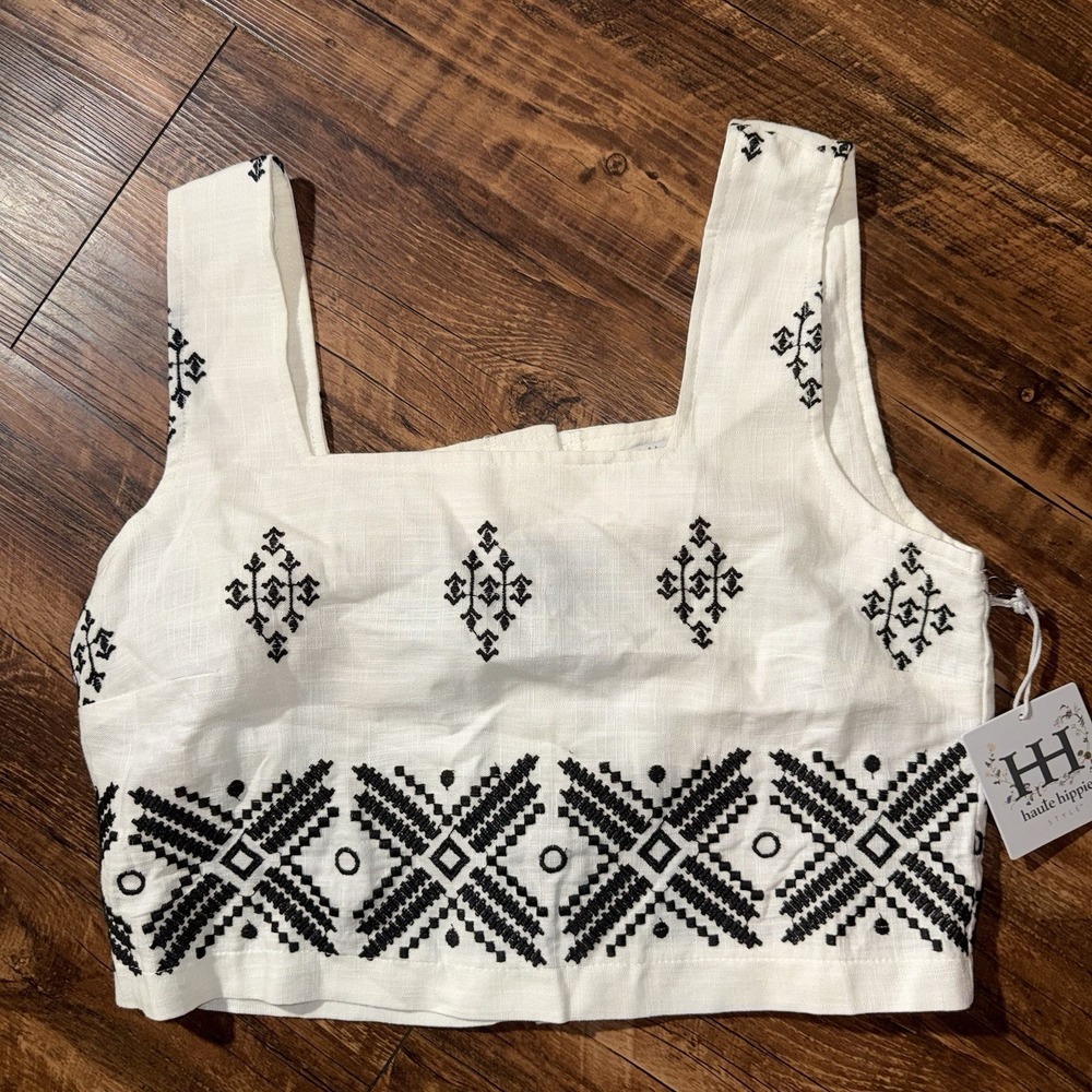 Haute Hippie White Embroidered Linen Cropped Top Women's Small NEW